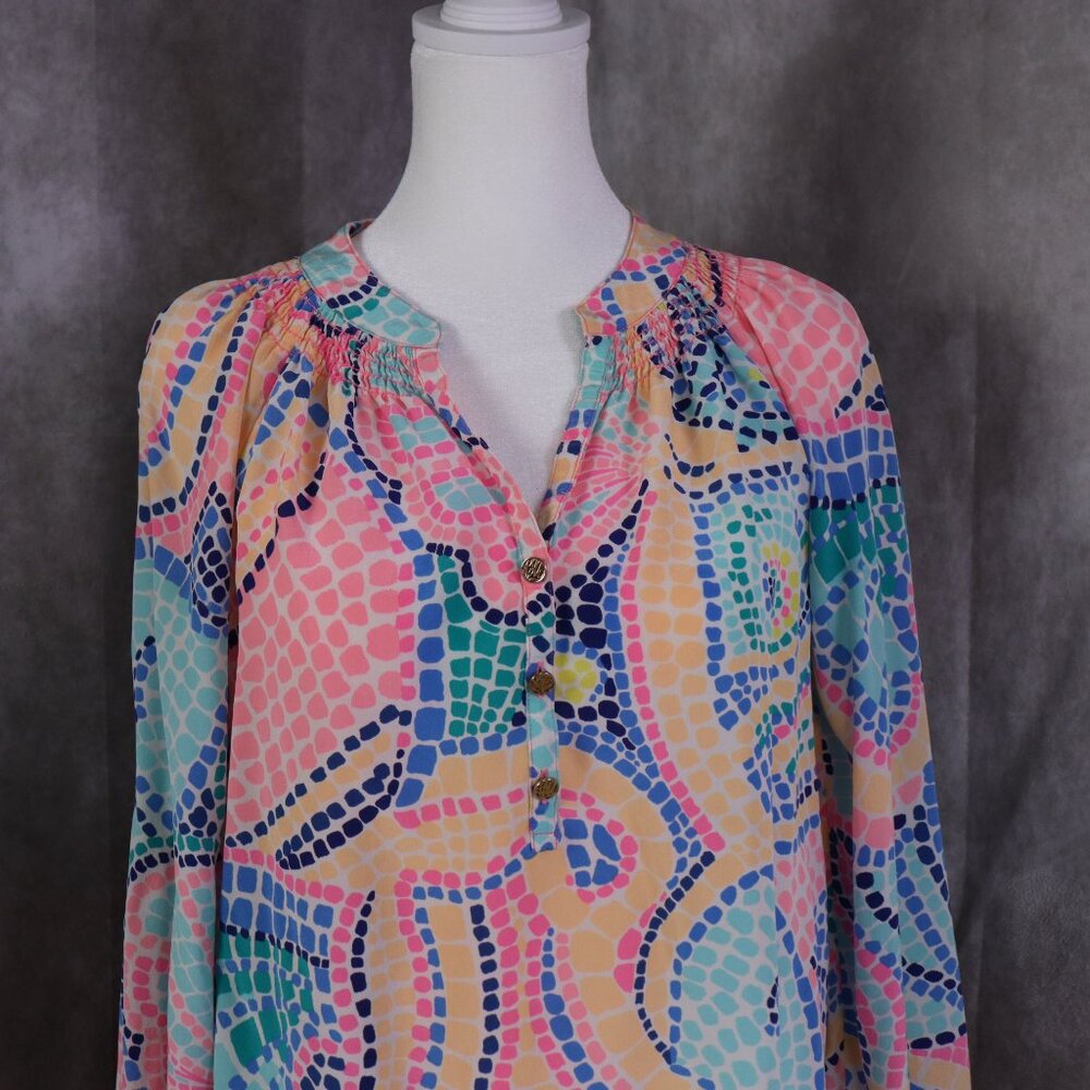 Lilly Pulitzer Elsa Top Womens Small Multicolor Silk Blouse Long Sleeve Beach - Picture 3 of 9